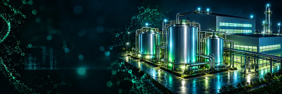Illustration of an industrial fermentation facility with large stainless-steel tanks and piping at night. Generic illustration; not a real plant or engineering drawing.