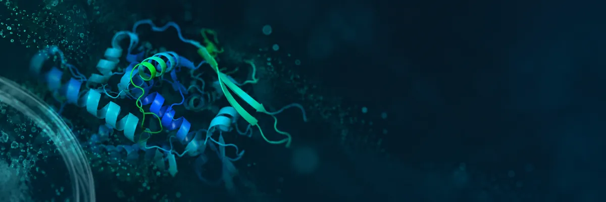 Illustration of a protein structure rendered as blue and green ribbons against a dark background. Illustration only; not experimental data.