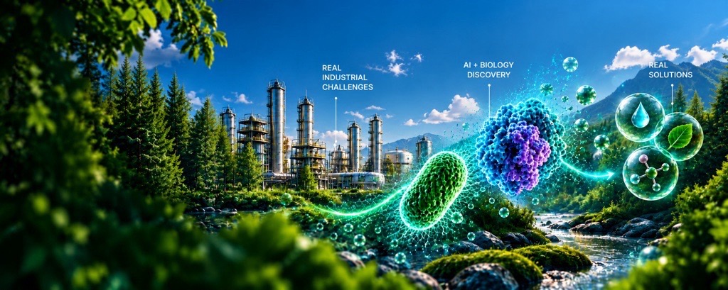 Illustration: an industrial plant, a microbe, a protein structure and finished BioSolutions linked by a flowing line, labelled real industrial challenges, AI plus biology discovery, and real solutions.